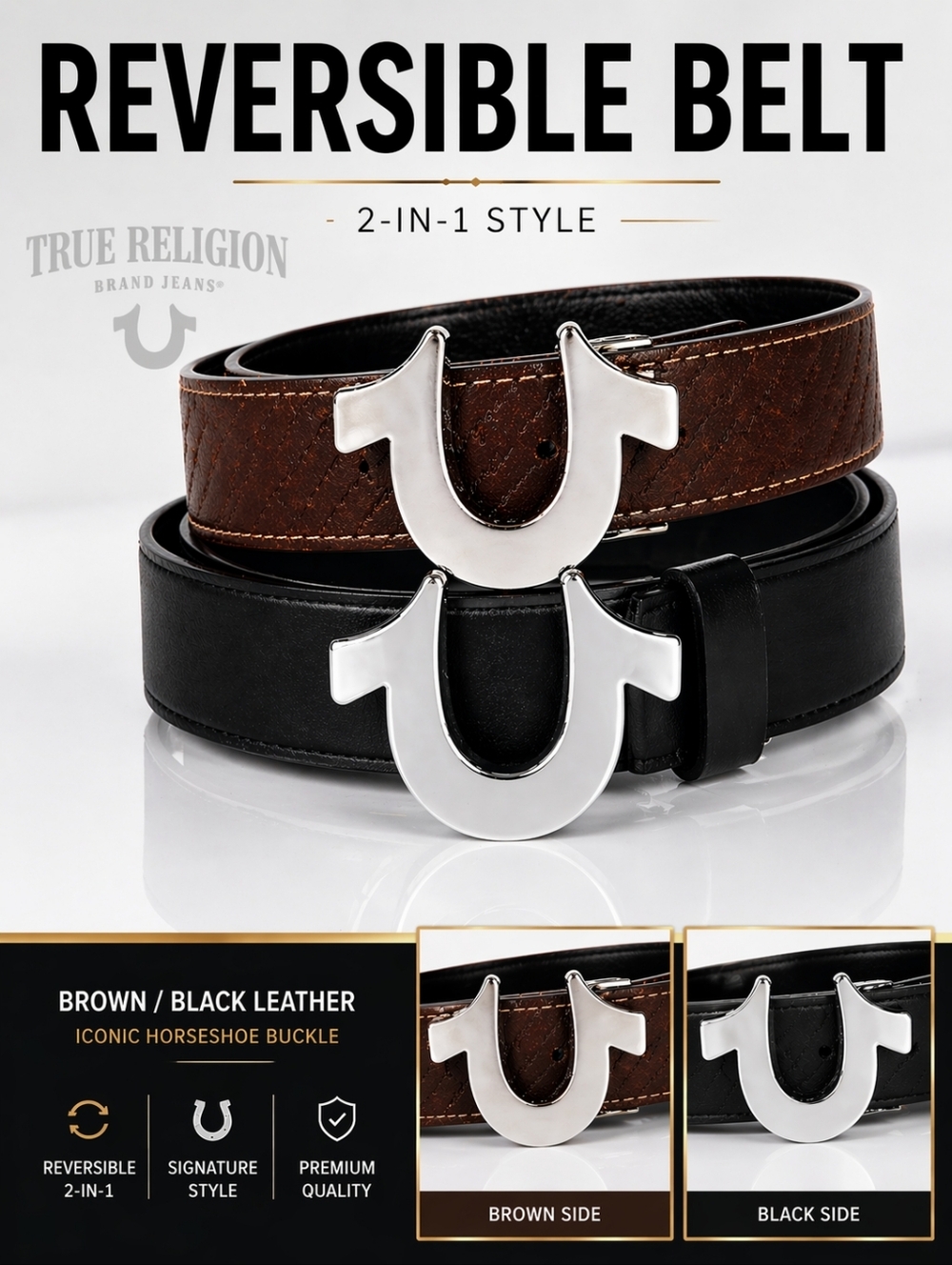 TRUE RELIGION Reversible BELT Silver Horseshoe Buckle Brown Black Leather 42" XL